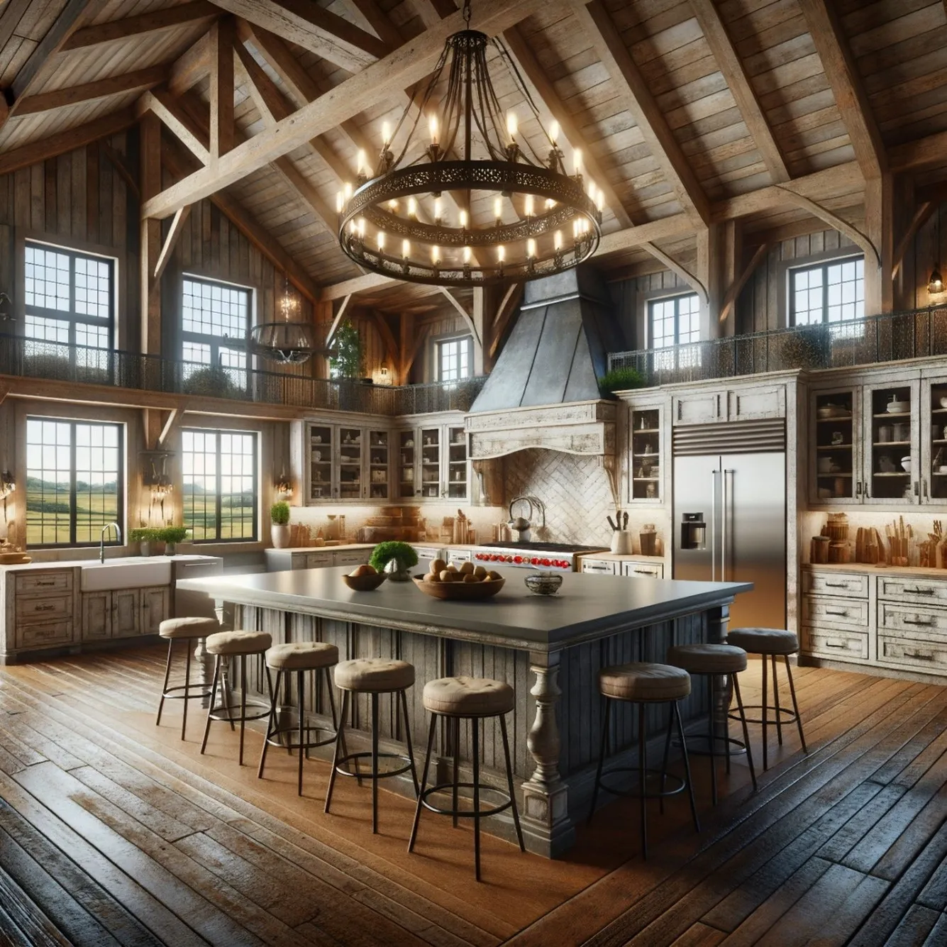 Interior of a barndominium with high vaulted ceilings and open-concept living