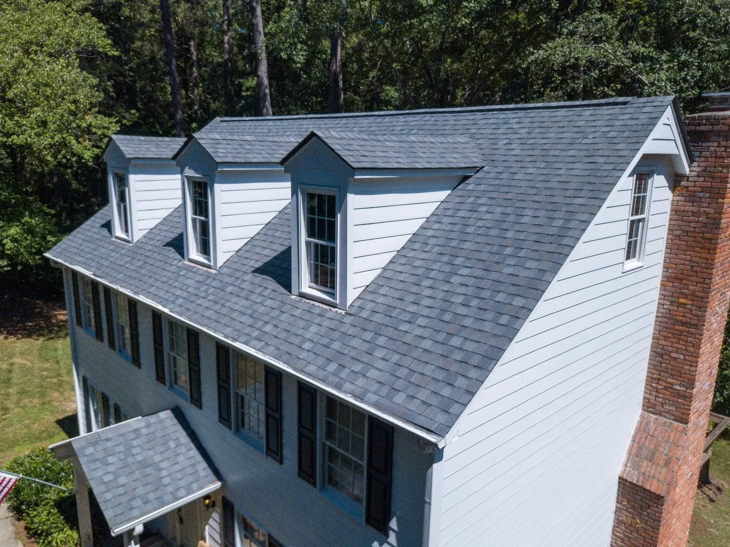 An asphalt shingle roof on a residential home