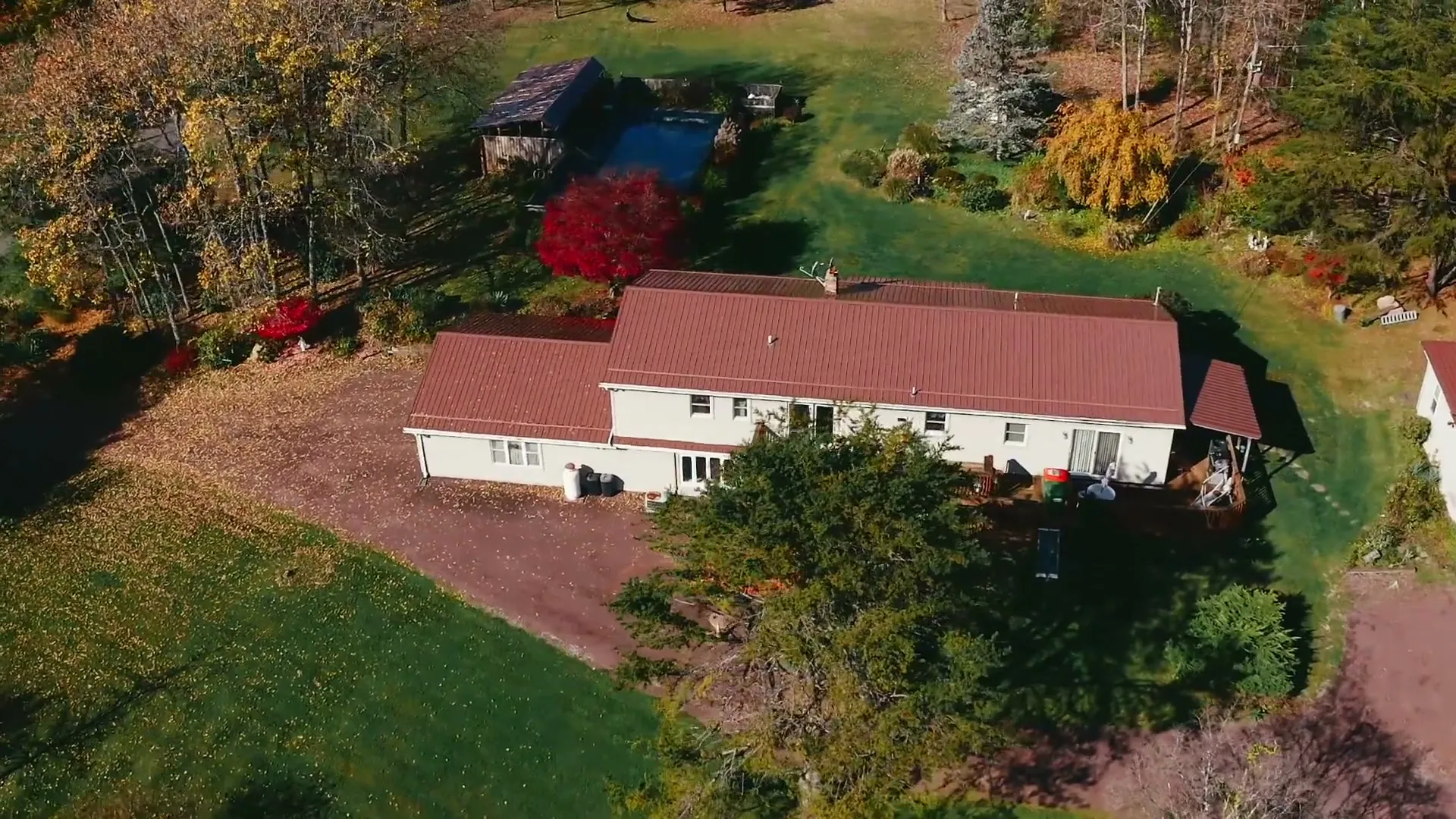 Aerial view of a house with a newly installed metal roof, surrounded by autumn trees